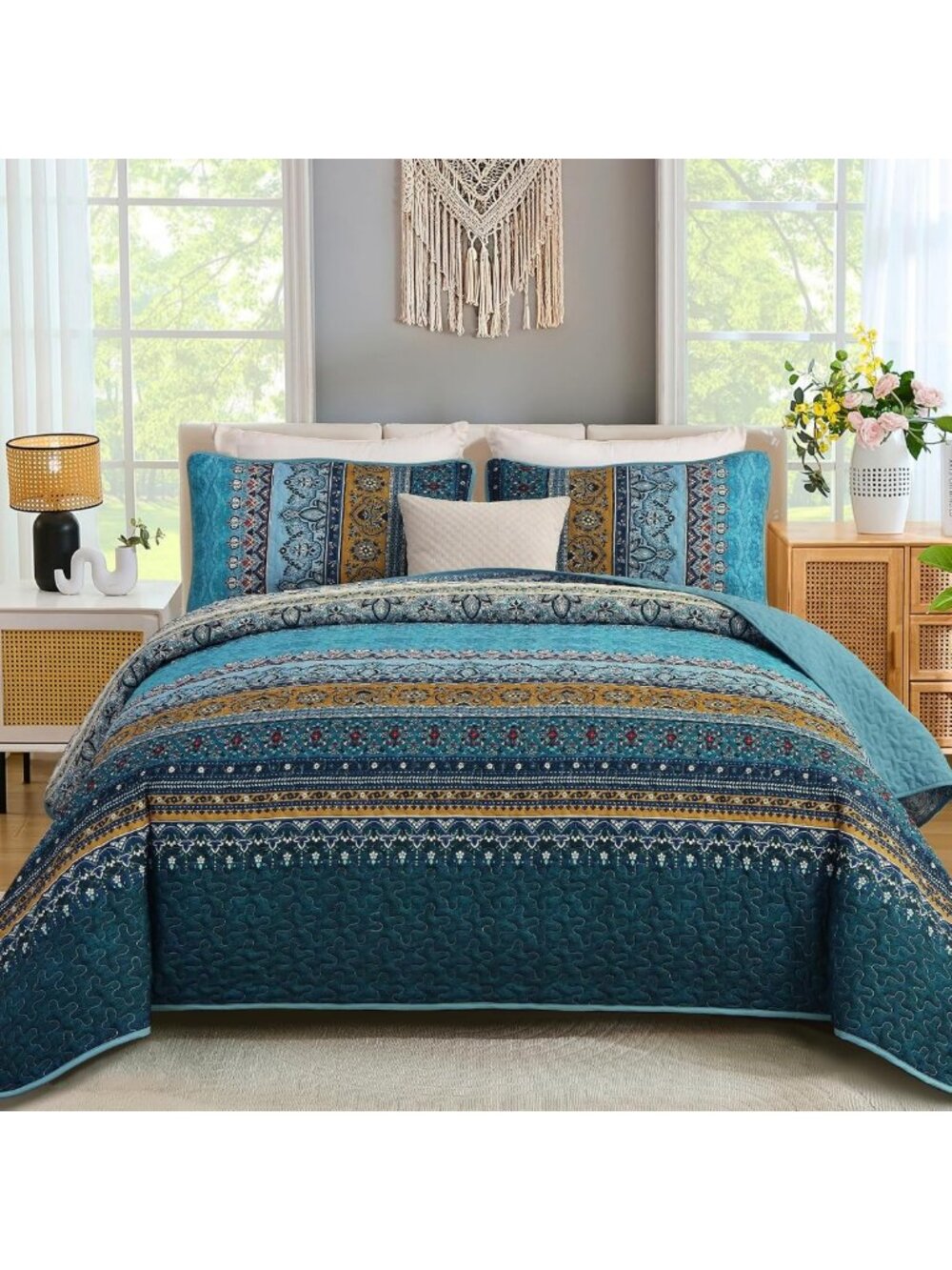 Bohemian Queen Bedspread Set - 3 Piece Soft Blue Bedding for Cozy Home Decor